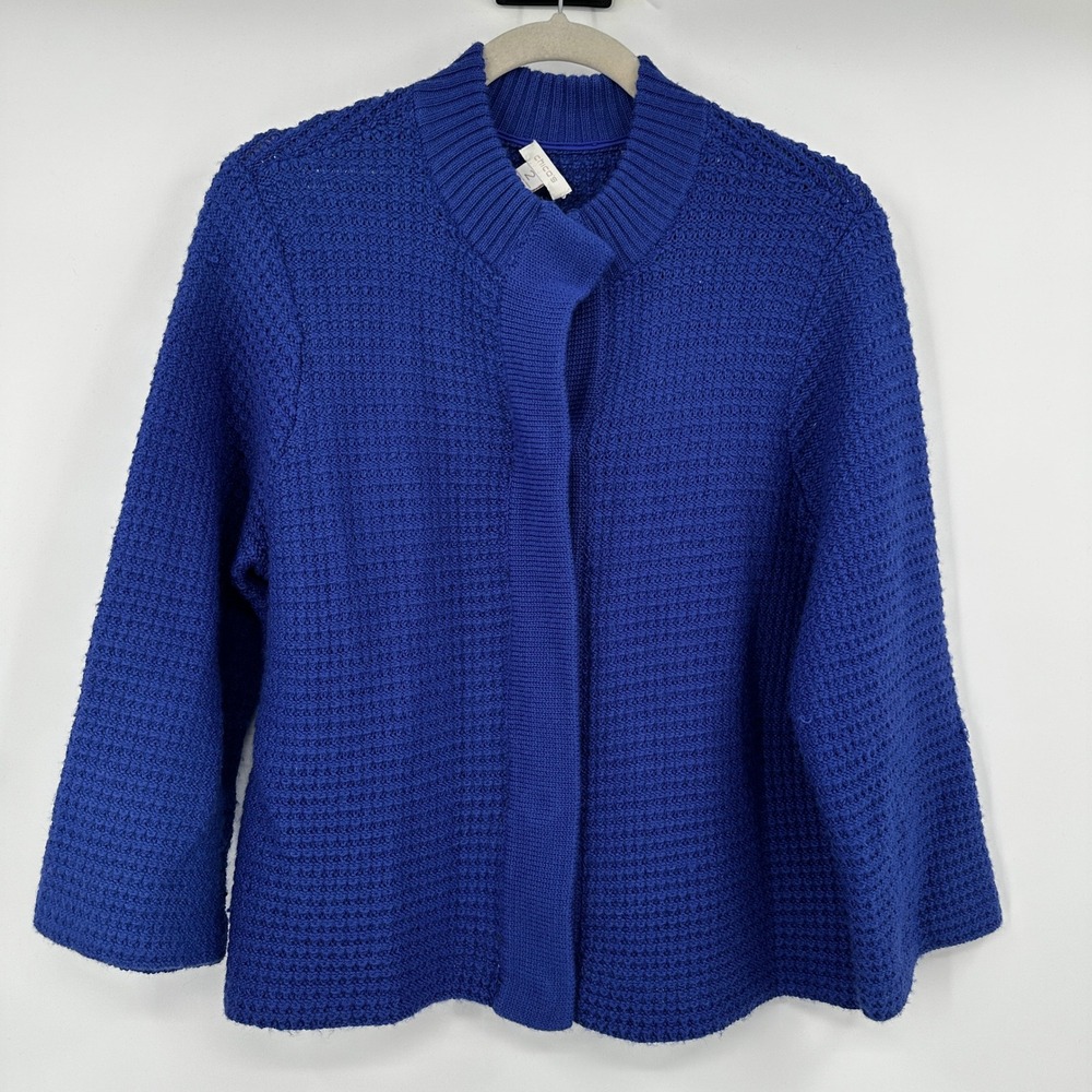 Chicos Royal Blue Textured Waffle Knit Cardigan Sweater Mock Neck Size 2 Large